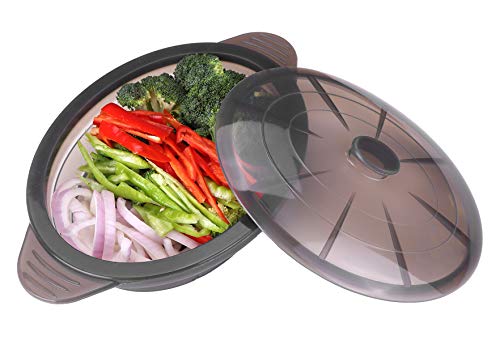 Product Cover Microwave Steamer Collapsible Bowl-Silicone Steamer with Handle & Lid for Meal Prep with Detachable Partition, Easy to Store, BPA Free，Microwave Cookware, Freezer & Dishwasher Safe, Black