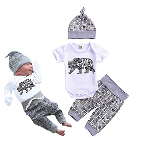 Product Cover Newborn Baby Boy Clothes Baby Bear Letter Print Romper+Long Pants+Hat 3PCS Outfits Set White