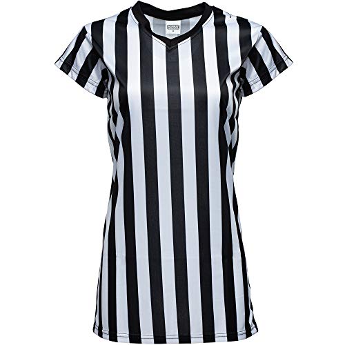 Product Cover Murray Sporting Goods Women's V-Neck Black and White Stripe Referee Shirt, Official Jersey for Refs, Referee Costume, Waitresses and More (Small)