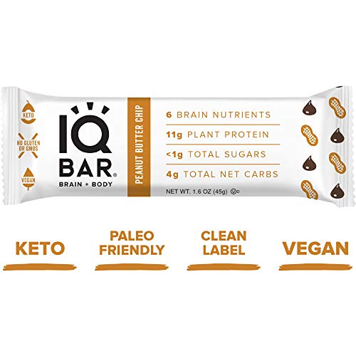 Product Cover IQ BAR Brain + Body Bars, Peanut Butter Chip | Keto, Vegan | 11g Protein, <1g Sugar, 4g Net Carbs | Non-GMO, Gluten-Free, No Sugar Alcohols | 12-Count