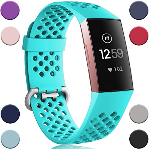 Product Cover Wepro Bands Replacement Compatible with Fitbit Charge 3 for Women Men Small, Waterproof Breathable Holes Watch Sport Strap Accessories for Fitbit Charge 3 SE Fitness Tracker, Teal