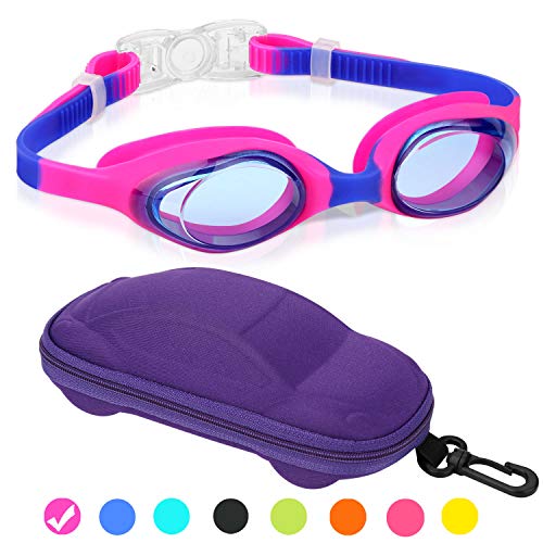 Product Cover Kids Swim Goggles, Swimming Goggles for Boys Girls Kid Age 3-12 Child Colorful Swim Goggles Clear Vision Anti Fog UV Protection No Leak Soft Silicone Nose Bridge Protection Case Kids' Skoogles