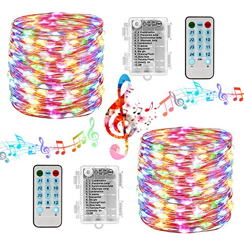 Product Cover Battery Christmas Lights 2 Packs 33ft 100 LED Sound Activated Fairy Lights, with Remote, Timer, Waterproof Battery String Lights for Xmas Tree, Home, Party, Holiday, Christmas Decorations (Multicolor)
