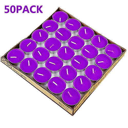 Product Cover Tea Lights Candles, 50 Pack Flameless Colorful Tealights Holder Variety Relaxing Paraffin Pressed Wax 2 Hours Burn Time For Travel,Centerpiece,Party Gift Happy Birthday New Year Wedding (Purple)