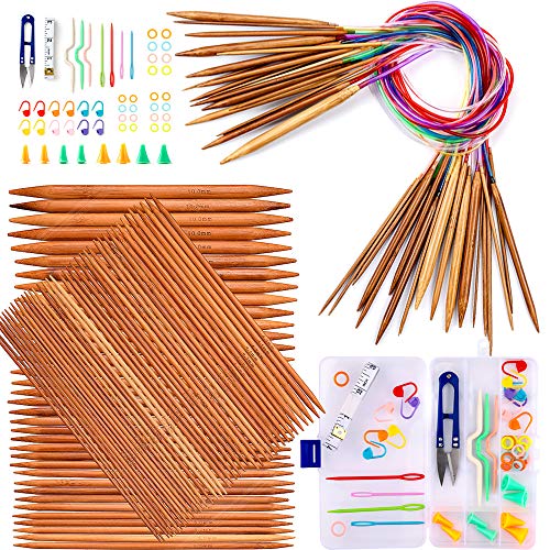 Product Cover Exquiss Knitting Needles Set-18 Pairs 18 Sizes Bamboo Circular Knitting Needles with Colored Tube + 75 Pcs 15 Sizes Bamboo Double Pointed Knitting Needles Set + Weaving Tools Knitting Kits