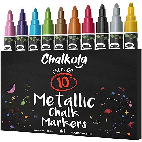 Product Cover Metallic Chalk Markers - Pack of 10 Liquid Chalk Pens - For Chalkboard, Blackboard, Cafe Menu, Business, Window - Wet Wipe Erasable - 6mm Reversible bullet & chisel Tip