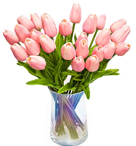 Product Cover JOEJISN 30pcs Artificial Tulips Flowers Real Touch Pink Tulips Fake Holland PU Tulip Bouquet Latex Flowers for Wedding Party Office Home Kitchen Decoration (Pink)