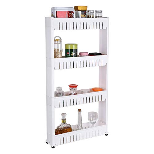Product Cover Lukzer 4 Layer/Tire Storage Organizer Rack Slim Slide Out Shelf with Wheels for Kitchen, Bedroom, Bathroom (White)