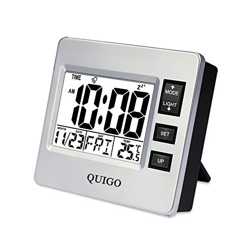 Product Cover QUIGO Small Digital Travel Alarm Clock with Date&Temperature, Snooze,Nightlight and Battery Operated for Students,Outdoor,Bedroom,Office (Silver)