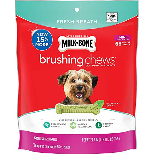 Product Cover Milk-Bone Brushing Chews Daily Dental Dog Treats, Fresh Breath, Mini Breed (68 Bones), 26.7 Ounce Pouch, Red