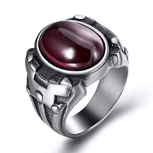 Product Cover Elfasio Men Oval Red Synthetic Ruby Turquoise Black Onyx Zircon Stainless Steel Ring Vintage Gothic Jewelry