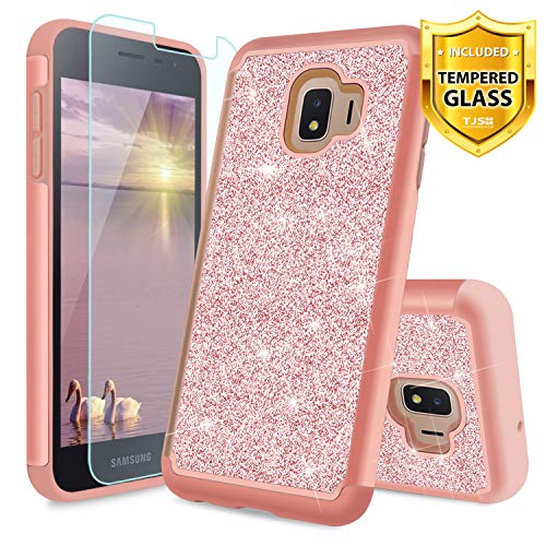 Product Cover TJS Phone Case for Samsung Galaxy J2 Core/J2 2019/J2 Pure/J2 Dash/J2 Shine, with [Tempered Glass Screen Protector] Glitter Bling Cute Girls Women Design Dual Layer Heavy Duty Hybrid Cover (Rose Gold)