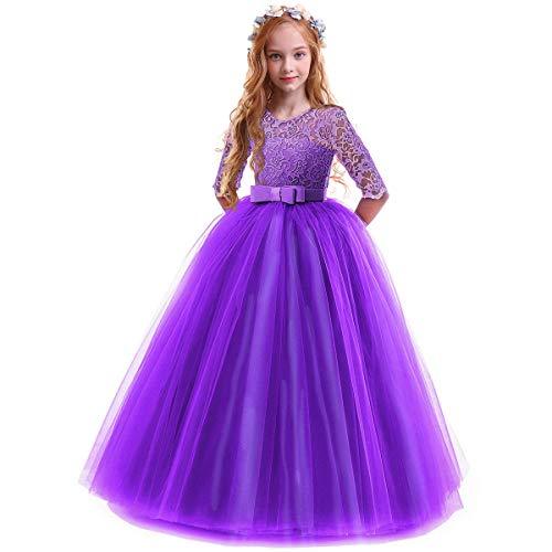 Product Cover IBTOM CASTLE Spring Flower Girl Wedding Bridesmaid 3/4 Sleeves Kids Floral Lace Pageant Communion Princess Dress Prom Evening Dance Gown Eggplant Purple 3-4 Years