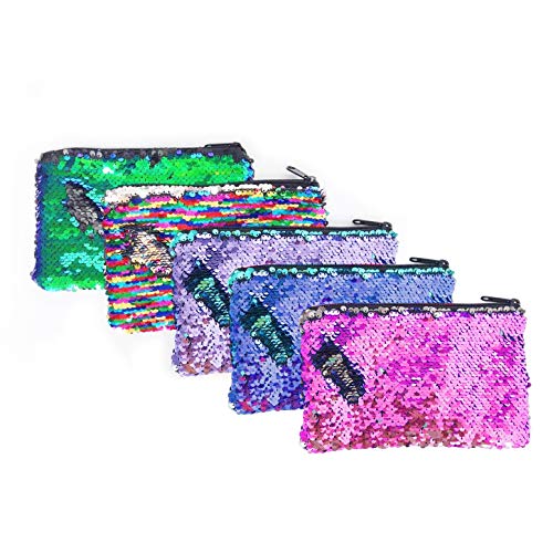 Product Cover 5 Pieces Glitter Reversible Sequin Pencil Pouch Small Makeup Organizer Bag Purse，Assorted Colors (Reversible Sequin)