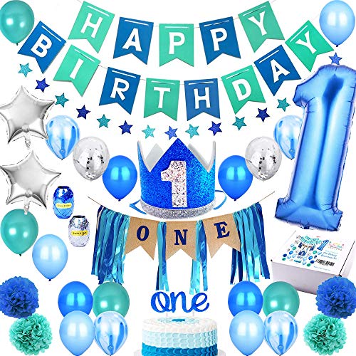 Product Cover 1st Birthday Boy Decorations Premium Set | High Chair Decoration, First Royal Prince Boys Crown Hat, Happy Bday Party Banner, ONE Cake Topper, Confetti, Marble, Foil and Latex Balloons, Star Bunting