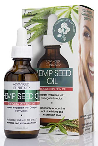 Product Cover Advanced Clinicals Hemp Seed Oil for Face. Cold Pressed Cannabis Sativa oil instantly hydrates skin and helps with Wrinkles, Fine Lines, and Expression Lines. 1.75 FL OZ (1.75oz)