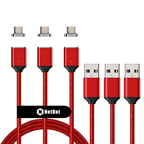 Product Cover NetDot 3 Pack Upgraded Nylon Bradied USB Fast Charging Magnetic Micro USB Cable with LED Indicator Compatible with Android Device (5ft / 3 Pack red)