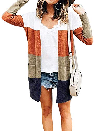 Product Cover Womens Long Sleeve Casual Striped Cardigan Color Block Knit Open Front Sweater Coat