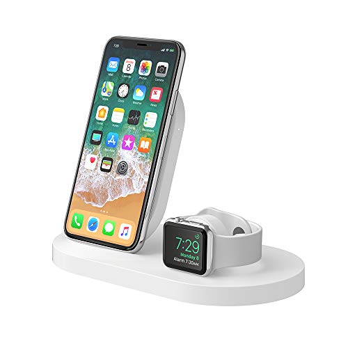 Product Cover Belkin Boost Up Wireless Charging Dock (Apple Charging Station for Iphone + Apple Watch + USB Port) Apple Watch Charging Stand, iPhone Charging Station, iPhone Charging Dock (White)