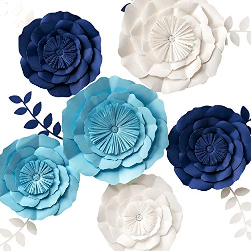 Product Cover 3D Paper Flowers Decorations, Giant Paper Flowers, Large Handcrafted Paper Flowers (Navy Blue, Beige, Aqua Blue, Set of 6) for Wedding Backdrop, Bridal Shower, Baby Shower, Nursery Wall Decor