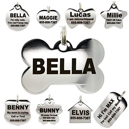 Product Cover Stainless Steel Pet ID Tags - Engraved Personalized Dog Tags, Cat Tags Front & Back up to 8 Lines of Text - Bone, Round, Heart, Flower, Badge, House, Star, Rectangle, Bow Tie