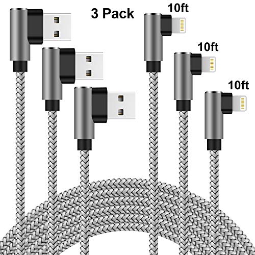Product Cover Lightning Cable Right Angle 10 ft Charger Cable 90 Degree Angle 3 Pack Nylon Braided Fast Charging & Syncing Cord Compatible with iPhone Xs MAX XR X 8 7 6 6s SE 5s 5c 5 (Silver Gray, 10 Feet)