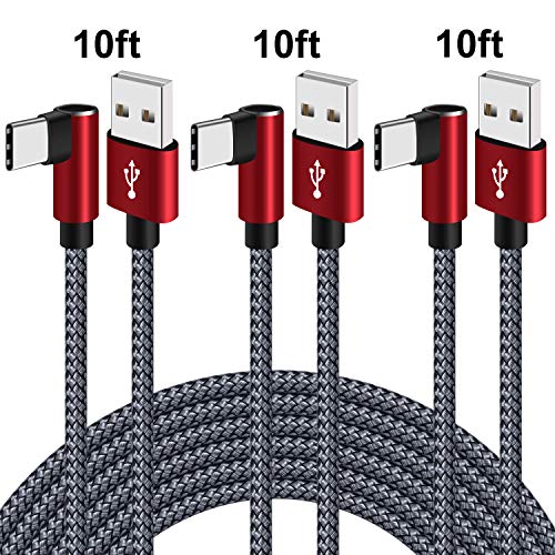 Product Cover USB Type C Cable Fast Charging 10 ft 90 Degree USB A to USB C Cable Right Angle 3 Pack Type C Charge Cord Compatible Galaxy S10 S9 S8 Plus 9 8,Moto Z,LG V30 V20,Nintendo Switch (Red Grey,10ft)