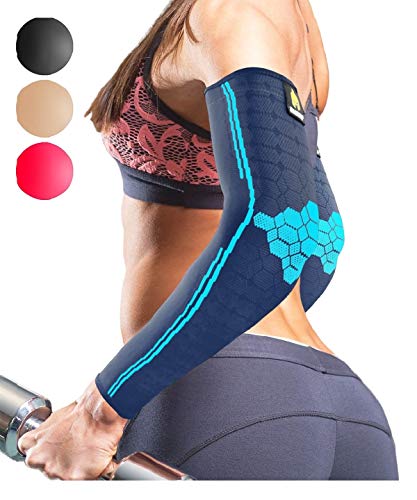Product Cover Sparthos Arm Compression Sleeve - Arms Braces for Recovery, Support for Athletic Sports Running Tennis Baseball Lifting Volleyball Shooting Weightlifting Golf - Mens and Womens (Blue-S)