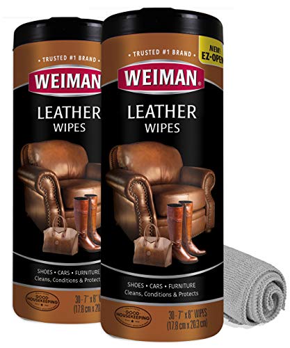 Product Cover Weiman Leather Cleaner Wipes - 2 Pack with Microfiber Cloth - Clean Condition UV Protection Help Prevent Cracking or Fading of Leather Furniture, Car Interior, and Shoes