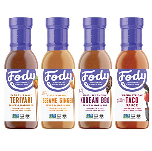 Product Cover Fody Foods Vegan Variety Sauce Marinade Pack | Low FODMAP Certified | Gut Friendly No Onion No Garlic No MSG | IBS Friendly | Gluten Free Lactose Free Non GMO | 4 Bottles, 8 Ounce