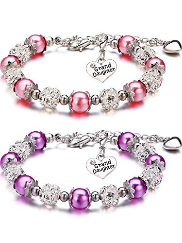 Product Cover 2 Pieces Granddaughter Bracelets Charm Heart Pendant Rhinestone Crystal Balls Faux Pearls Jewelry Gift (Pink A + Purple A)