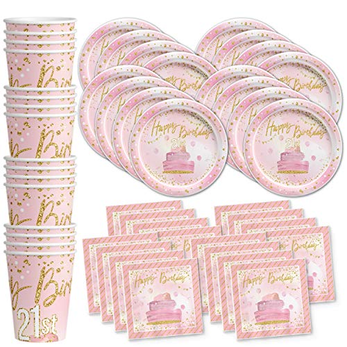 Product Cover 21st Finally Twenty One Pink and Gold Birthday Party Supplies Set Plates Napkins Cups Tableware Kit for 16