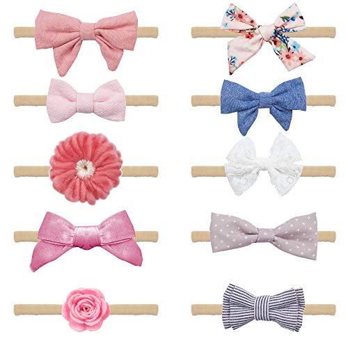 Product Cover Baby Girl Headbands and Bows - 10 Piece Soft Elastic Nylon Flower Headband Accessories For Newborn, Infant, Toddler - Handcrafted Hair Bands & Ties - Perfect Baby Shower Gift