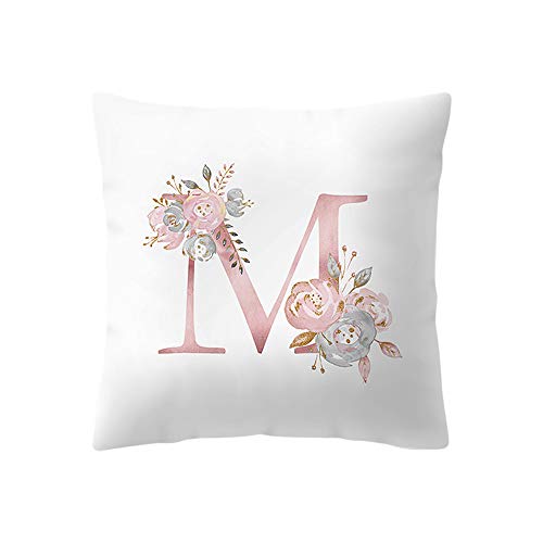 Product Cover Konxxtt Throw Pillow Case, Rose Gold Pink 26 Letters Floral Cushion Cover Home Girls Room Sofa Decor Modern Pillow Slip (18x18 / 45x45cm, M)