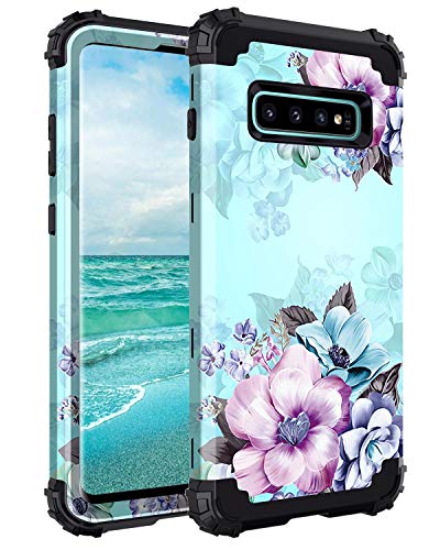 Product Cover Casetego Compatible Galaxy S10 Plus Case,Floral Three Layer Heavy Duty Hybrid Sturdy Armor Shockproof Full Body Protective Cover Case for Samsung Galaxy S10 Plus,Blue Flower