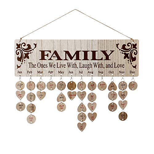Product Cover Joy-Leo Gifts for Moms Dads - Wooden Family Birthday Reminder Calendar Board [100 Wood Tags with Holes/Family Sayings Pattern ], Decorative Birthday Tracker Plaque Wall Hanging