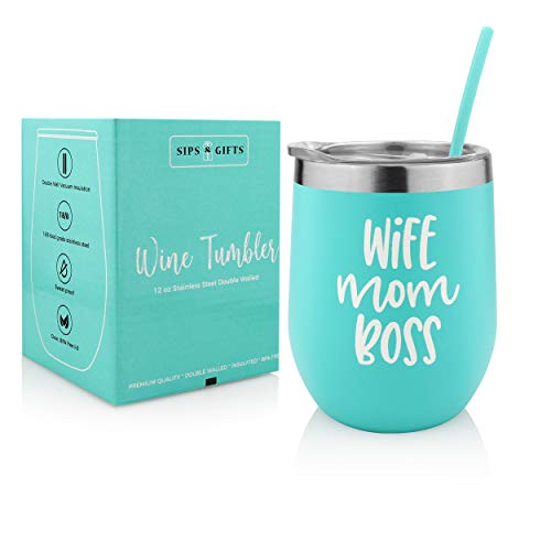 Product Cover Wife Mom Boss| Birthday Gifts for Women Under 25 Dollars| 12 oz Stainless Steel Stemless Wine Tumbler with Lid and Straw| Insulated Wine Glasses with Funny Sayings