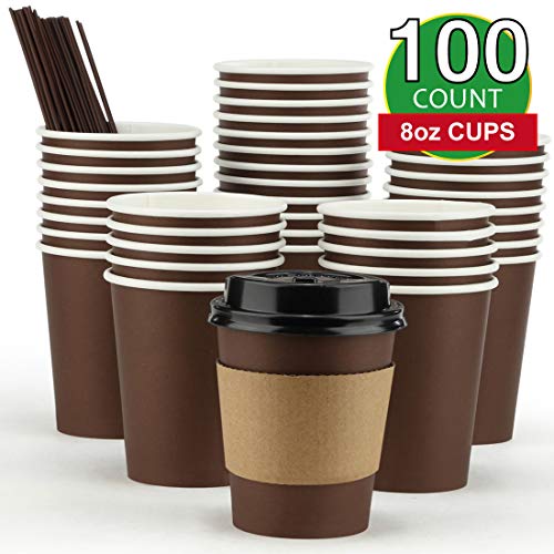 Product Cover Eupako 8 oz Disposable Paper Coffee Cups with Lids, Sleeves and Straws, to Go Coffee Cup, 100 Count Brown