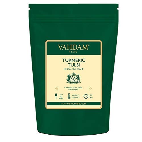Product Cover VAHDAM, Turmeric Tulsi Herbal Tea Loose Leaf (100 Cups) | INDIA'S MAGIC HERB | Blend Of Turmeric Tea & Tulsi | 100% NATURAL TISANE Tea | Brew as Hot or Iced Tea | 7 Oz