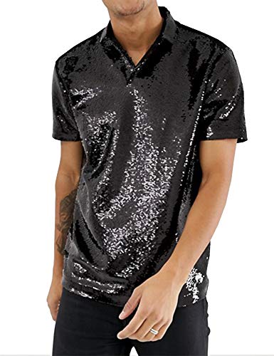 Product Cover URRU Men's Relaxed Short Sleeve Turndown Sparkle Sequins Polo Shirts 70s Disco Nightclub Party T-Shirts Tops S-XXL