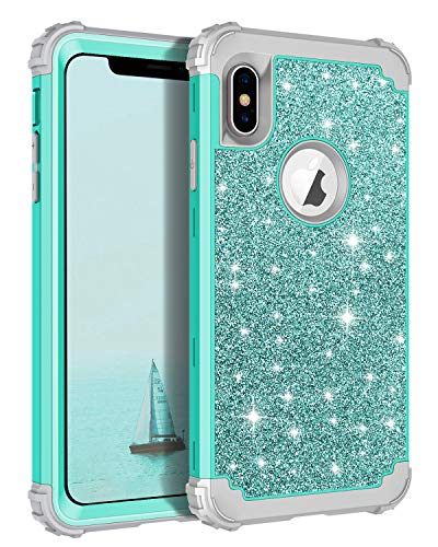 Product Cover Lontect Compatible iPhone Xs Max Case Glitter Sparkle Bling Heavy Duty Hybrid Armor High Impact Shockproof Protective Cover Case for Apple iPhone Xs Max 2018 6.5 Display, Shiny Teal