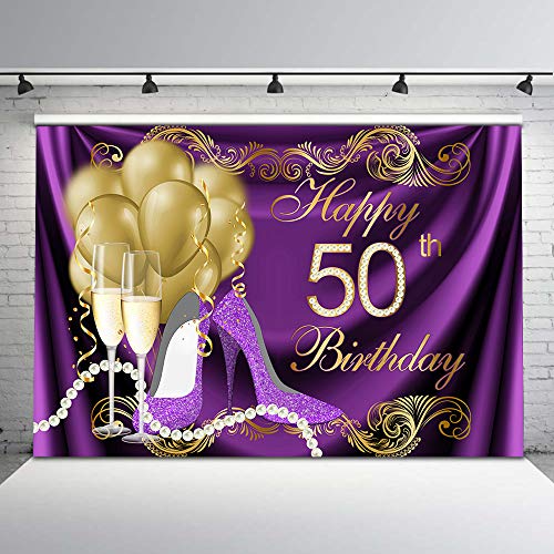 Product Cover Mehofoto Happy 50th Birthday Backdrop Gold Balloons Purple Heels Photography Background 7x5ft Glitter Pearl Champagne 50th Birthday Backdrops Photoshoot Props