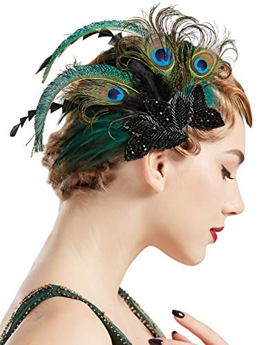 Product Cover BABEYOND 1920s Flapper Hair Clip 20s Great Gatsby Headpiece Peacock Feather Clip 1920s Flapper Gatsby Hair Accessories (Peacock-Style1)