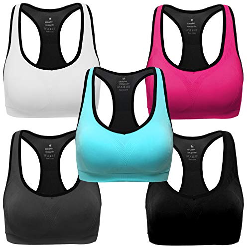 Product Cover MIRITY Women Racerback Sports Bras - High Impact Workout Gym Activewear Bra Color Black Grey Blue Hotpink White Pack of 5 Size M