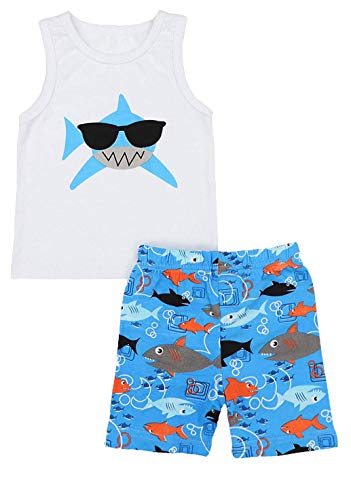 Product Cover Baby Boy Clothes Birthday Shark Doo Doo Doo Print Summer Cotton Sleeveless Outfits Set Tops + Short Pants