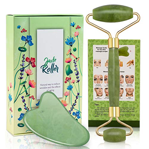 Product Cover Jade Roller and Gua Sha Tool Set, Natural Real Jade Roller for Face, Beauty Jade Facial Roller Massage Tool for Rejuvenate Skin, Anti-wrinkle, Anti Aging, No Squeaks, Green