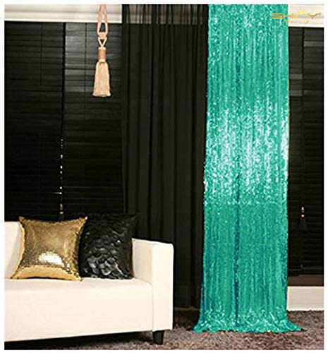 Product Cover ShinyBeauty Sparkle Backdrop Curtain Teal 2 Panels Set Sequin Photo Backdrop Christmas Green 2FTx8FT Sequin Backdrop Curtain Pack of 2-1220S