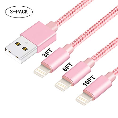 Product Cover Manyi Phone Charger Cable, 3Pack 3FT 6FT 10FT Nylon Braided Syncing and Charging Cord Compatible with Phone Xs Max/XR/XS/X/8/7/Plus/6s/6/5 - Pink