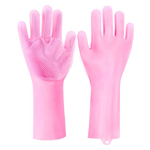 Product Cover Magic Dishwashing Gloves with scrubber, Silicone Cleaning Reusable Scrub Gloves for Wash Dish,Kitchen, Bathroom (Pink)