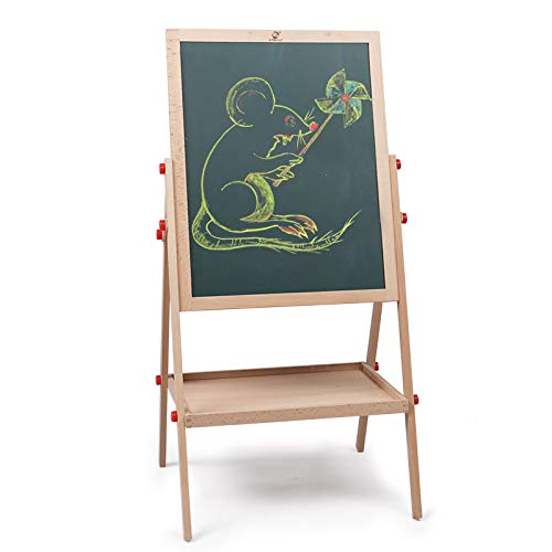 Product Cover 2 in1 Wooden Kids Easel Double-Sided Adjustable Chalk Drawing Blackboard & White Dry Erase Surface with Bonus Magnetic Alphabet Numbers & Extra Accessory Set (40inch)